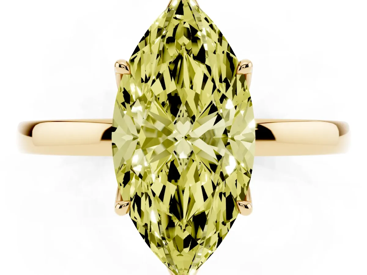 Fancy Yellow Marquise Cut Diamond Solitaire Ring with Thin Band and Prong Setting Yellow gold