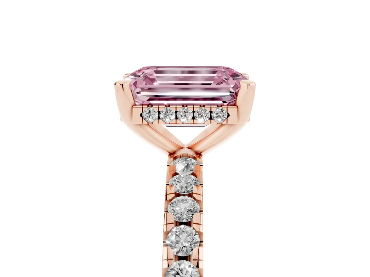 Fancy Pink Emerald Cut Diamond Solitaire Ring with Round Pavé Band and Four-Prong Setting Rose gold