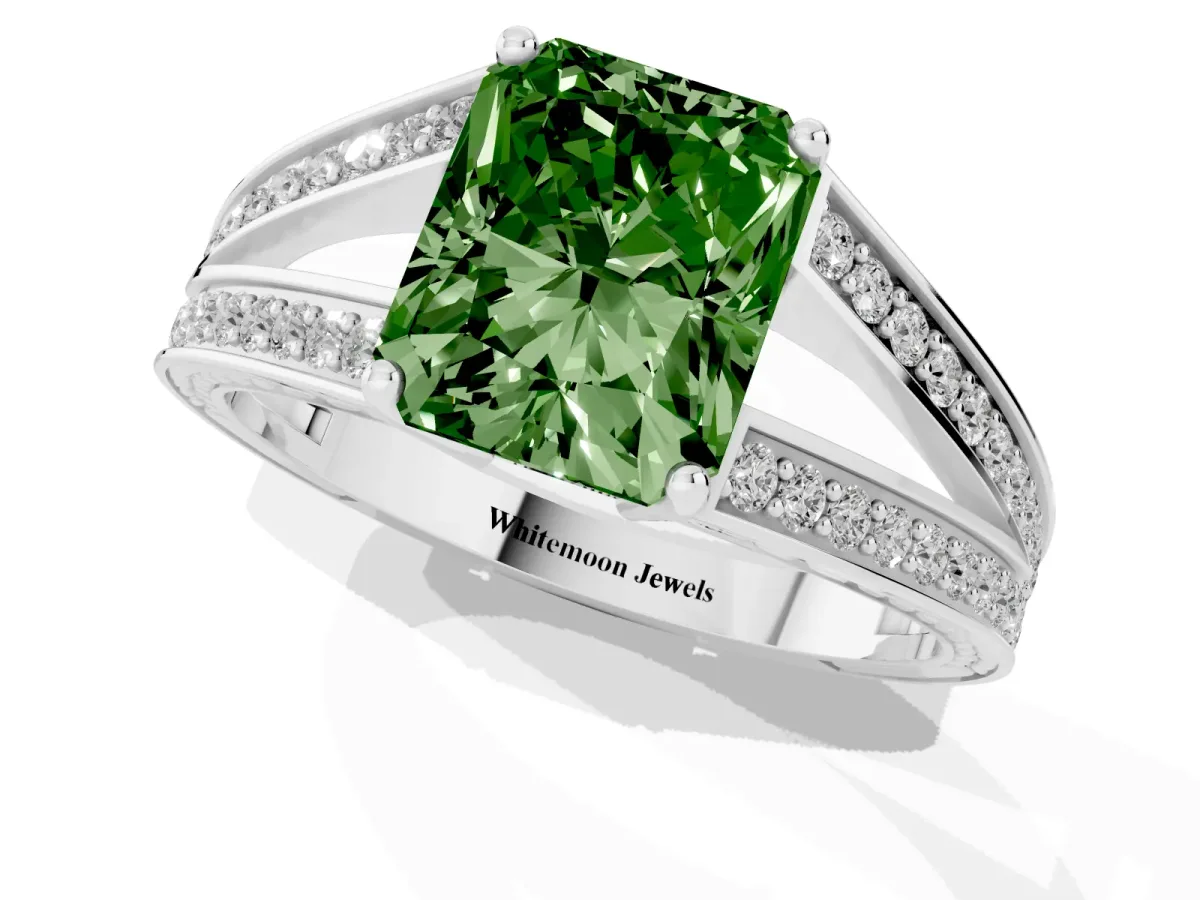 Fancy Green Radiant Cut Diamond Split Shank Ring with Pavé Band and Four-Prong Setting Platinum