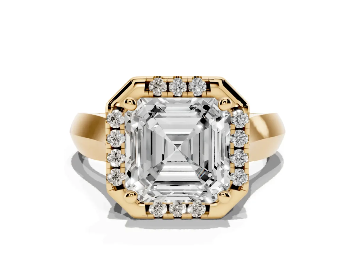 Asscher Cut Cut Halo Solitaire Engagement Ring with Square Band and Four-Prong Setting Yellow gold