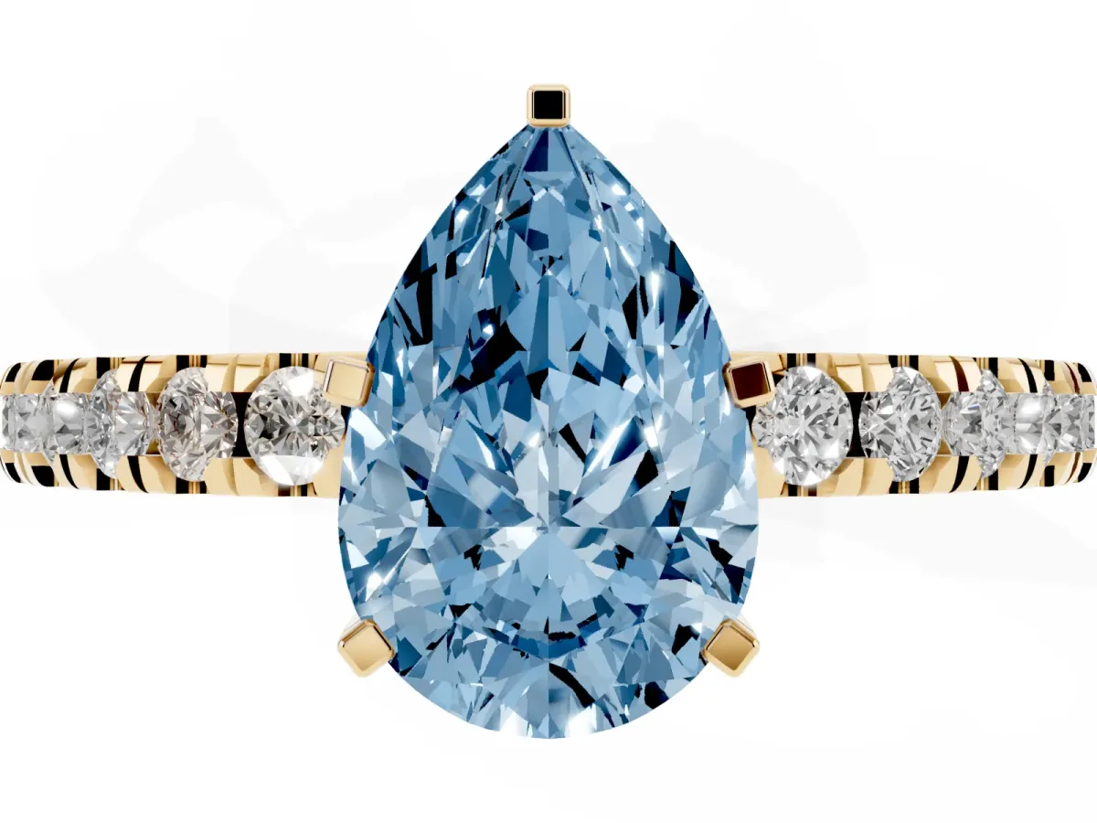 Fancy Blue Pear Cut Solitaire Diamond with Pavé Band and Four-Prong Setting Yellow gold