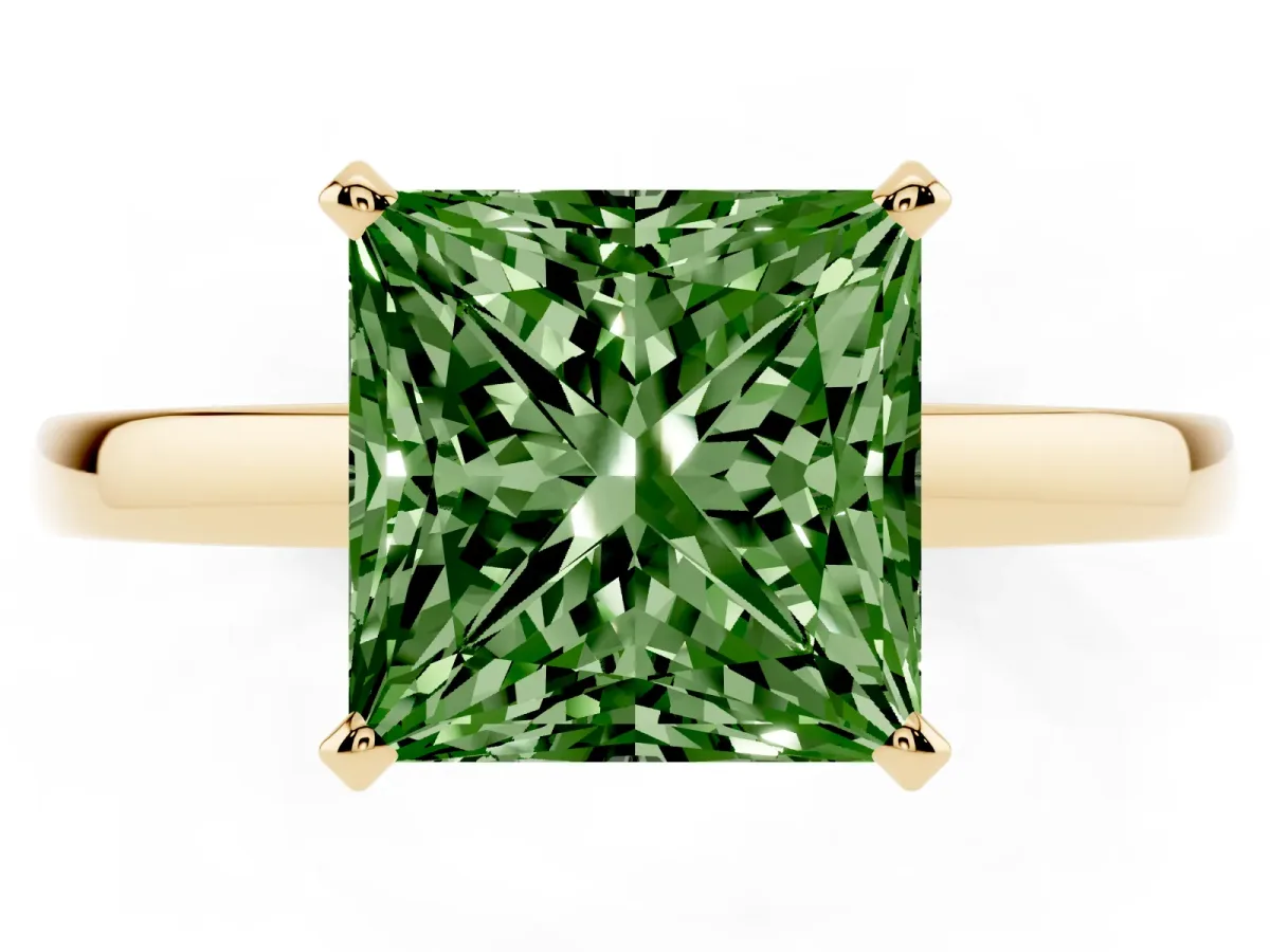 Fancy Green Princess Cut Solitaire Diamond Engagement Ring with Four-Prong Setting on a Classic Band Yellow gold