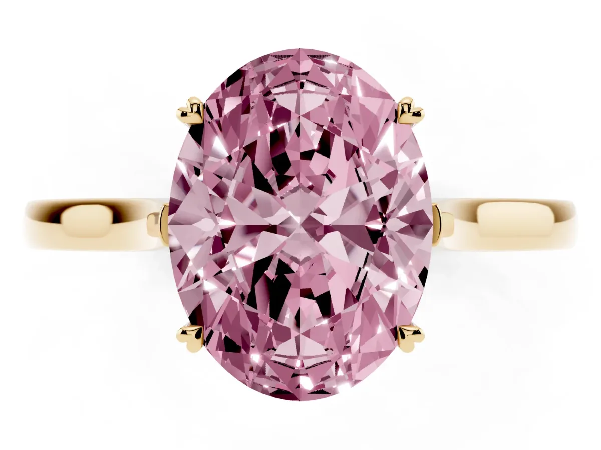 Fancy Pink Oval Cut Solitaire Heart Prong Engagement Ring with Tapered Band Yellow gold