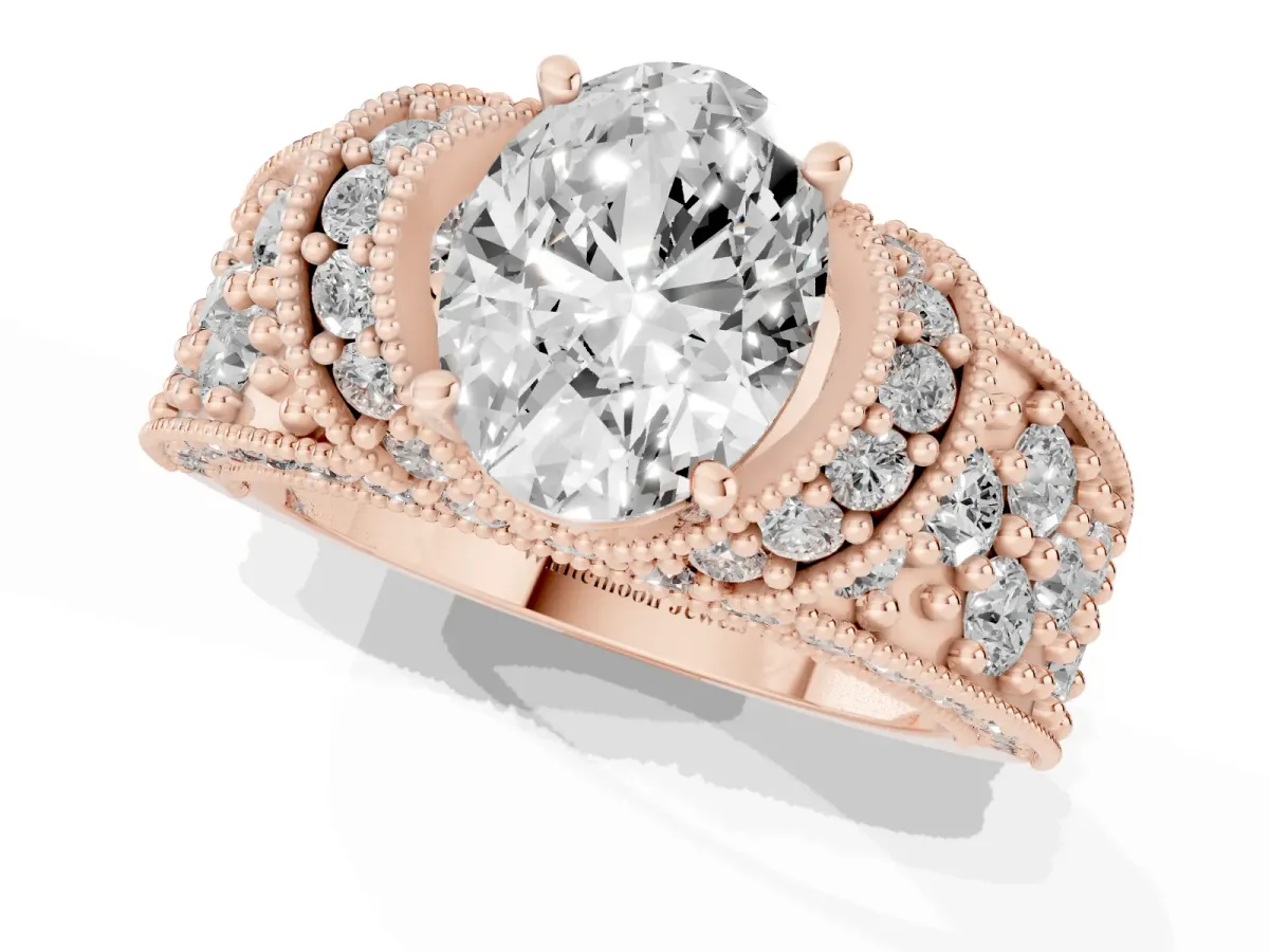 Oval Cut Halo Pave Diamond Engagement Ring with Milgrain Detailing Rose gold