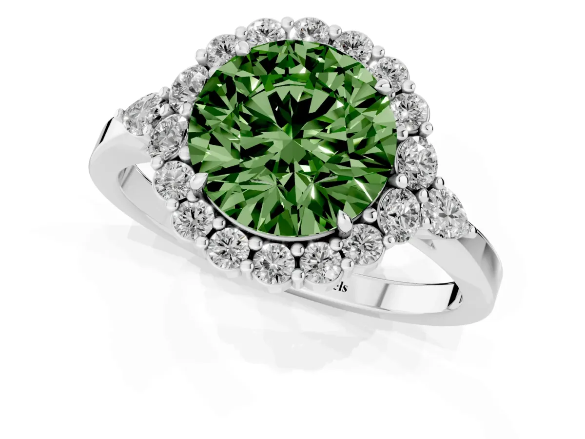 Fancy Green Round Cut Diamond Halo Ring with Pear Side Stones and Prong Setting Silver