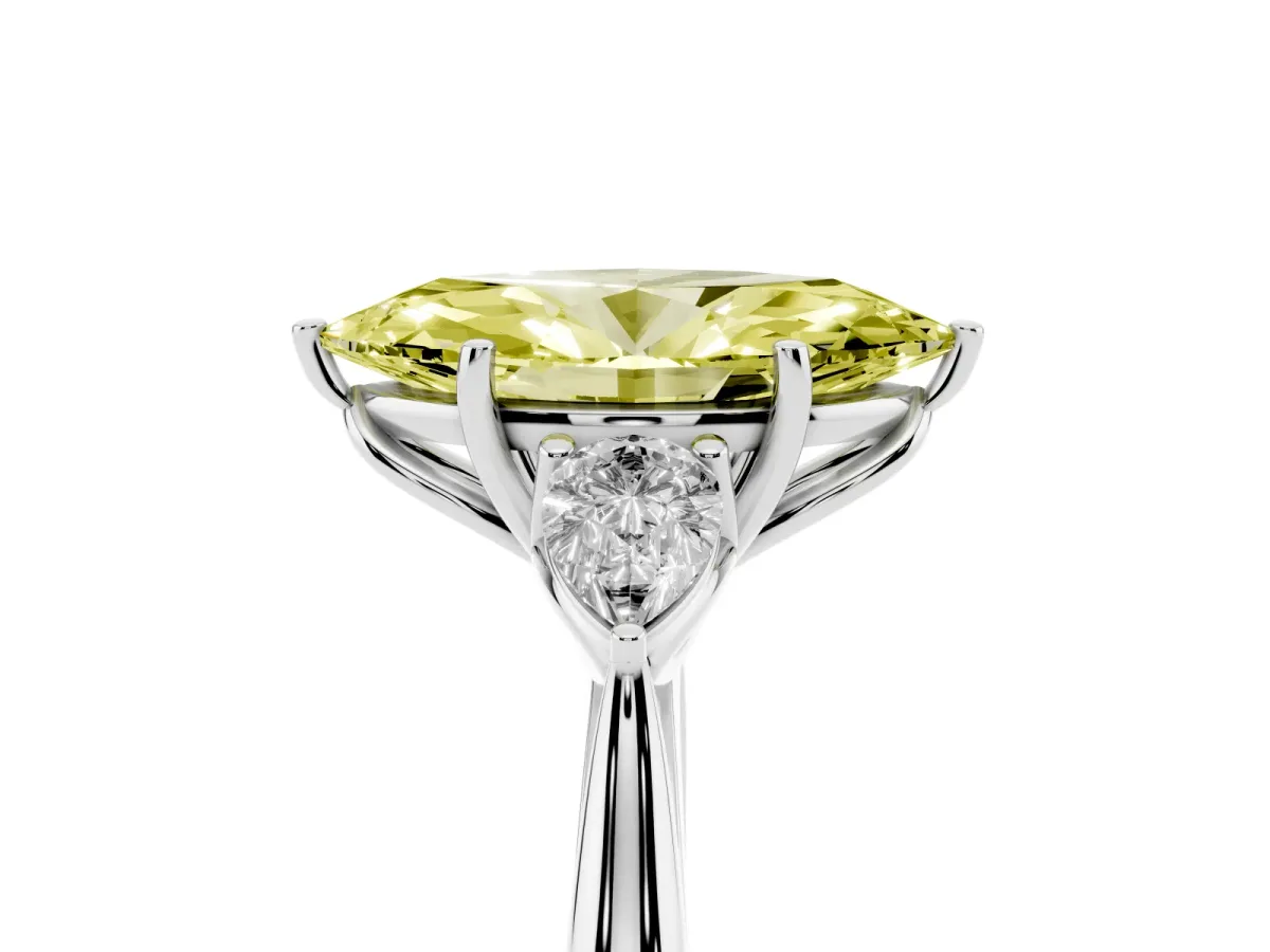 Fancy Yellow Marquise Cut Diamond Three-Stone Ring with Pear Side Stones and Prong Setting Silver