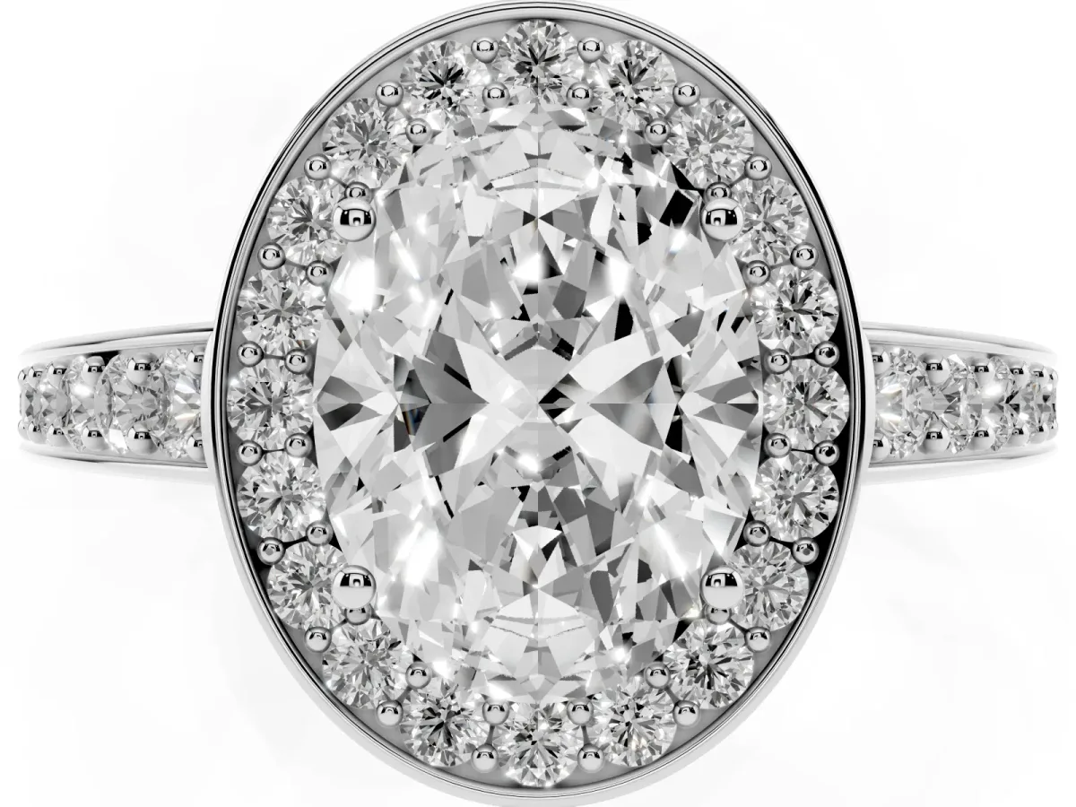Oval Cut Halo Pavé Diamond Engagement Ring with Bezel Setting White gold
