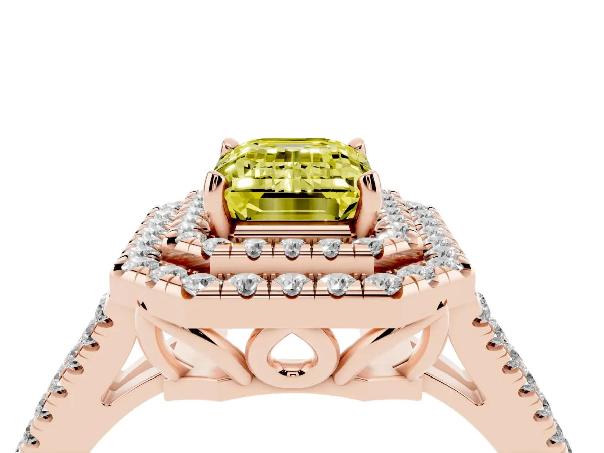 Fancy Yellow Emerald Cut Diamond Double Halo Ring with Pavé Band and Prong Setting Rose gold