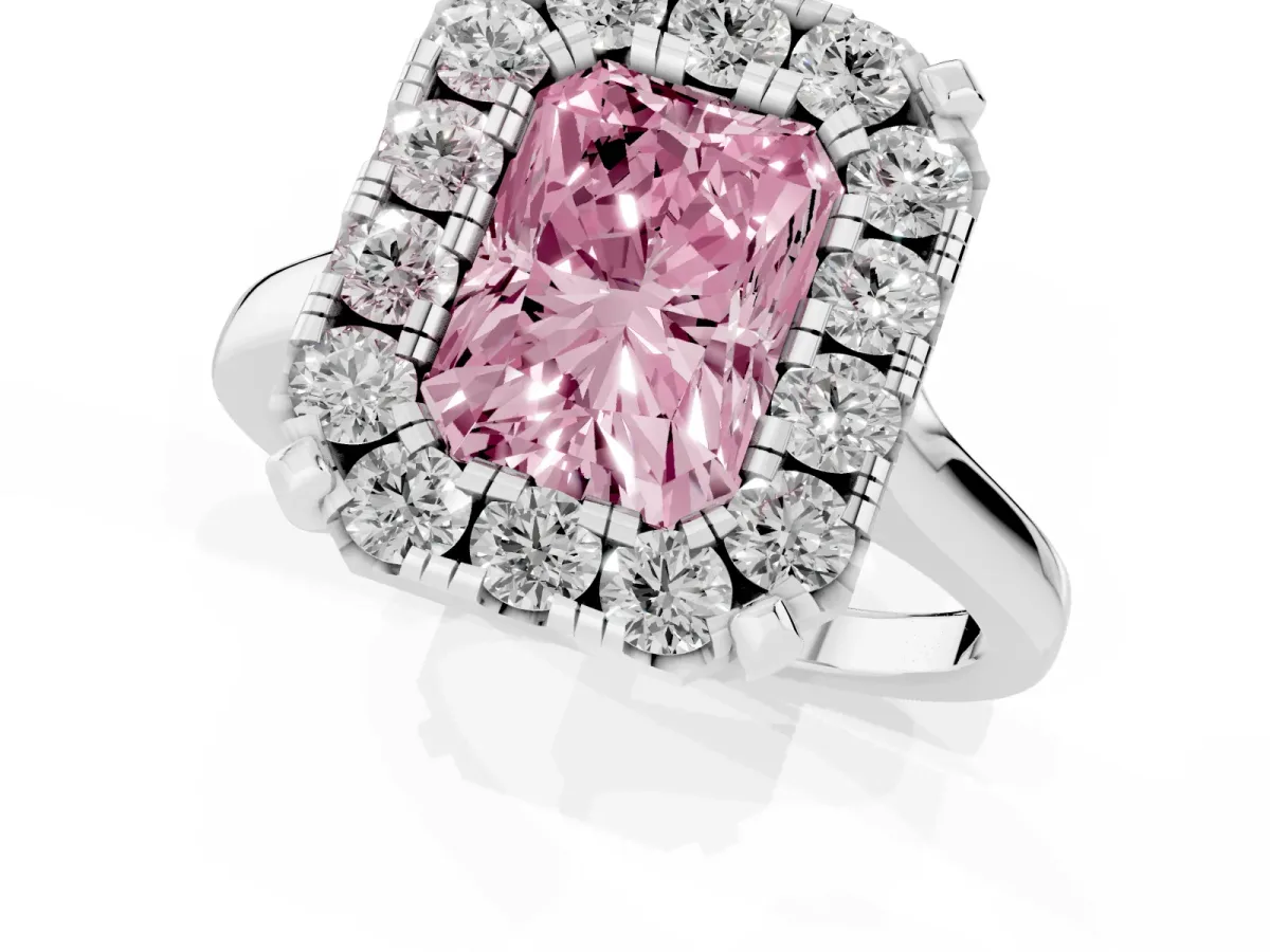 Fancy Pink Radiant Cut Diamond Cluster Halo Solitaire with Four-Prong Setting Silver