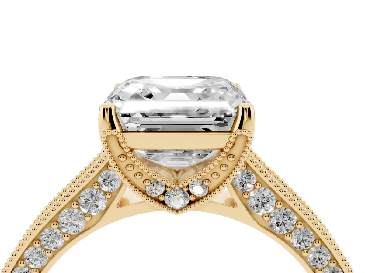 Asscher Cut Cut Diamond Solitaire Ring with Milgrain Pave Band and Four Prong Setting Yellow gold