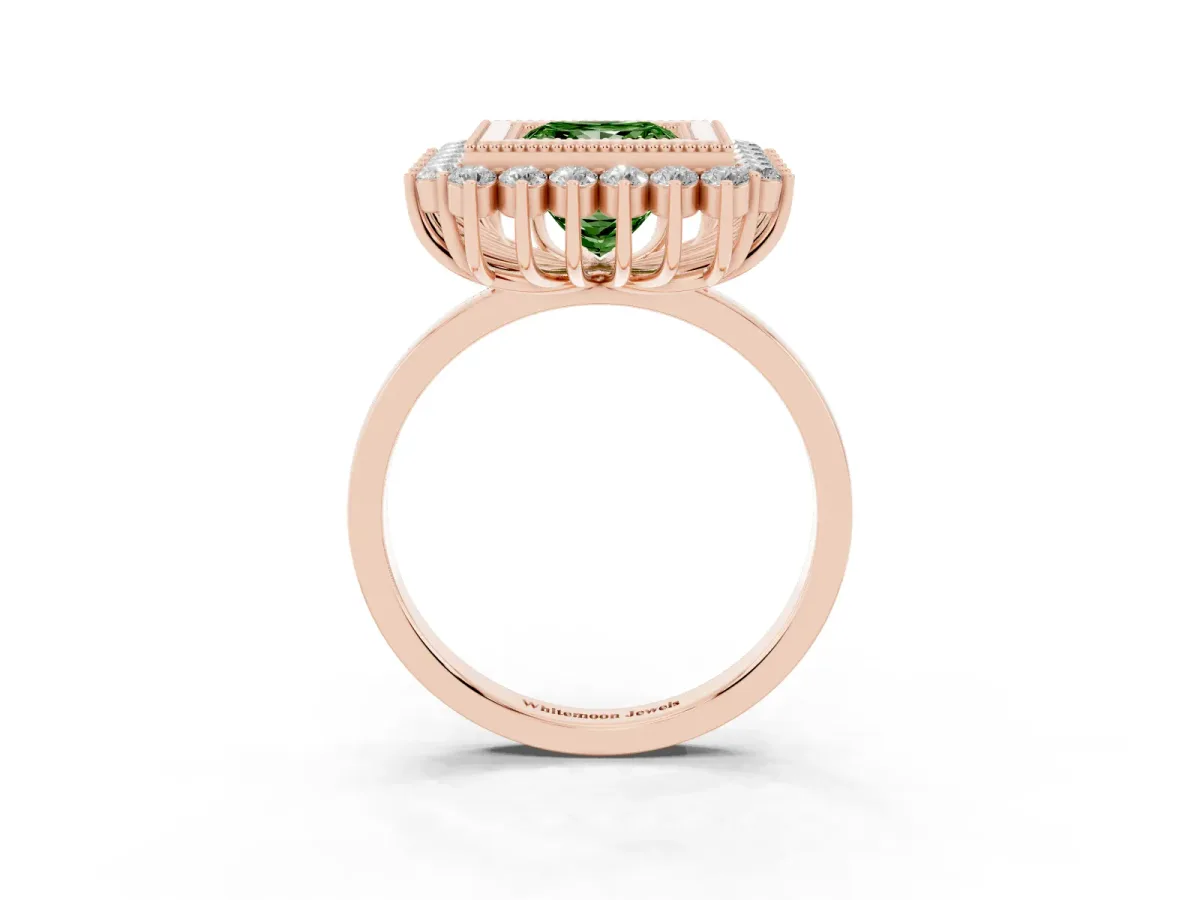 Fancy Green Princess Cut Halo Diamond Ring with Milgrain Edge and Round Prong Setting Rose gold