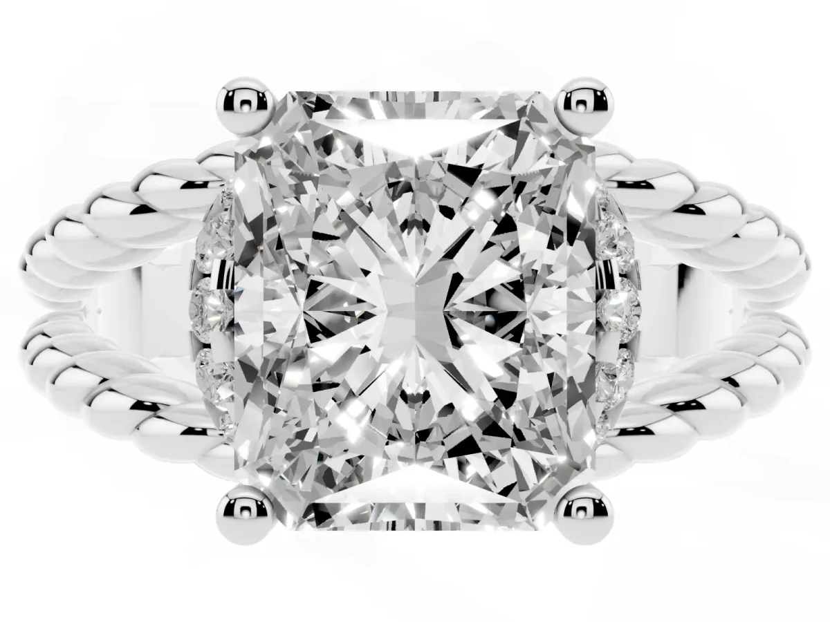 Radiant Cut Halo Twisted Band Four-Prong Ring Silver