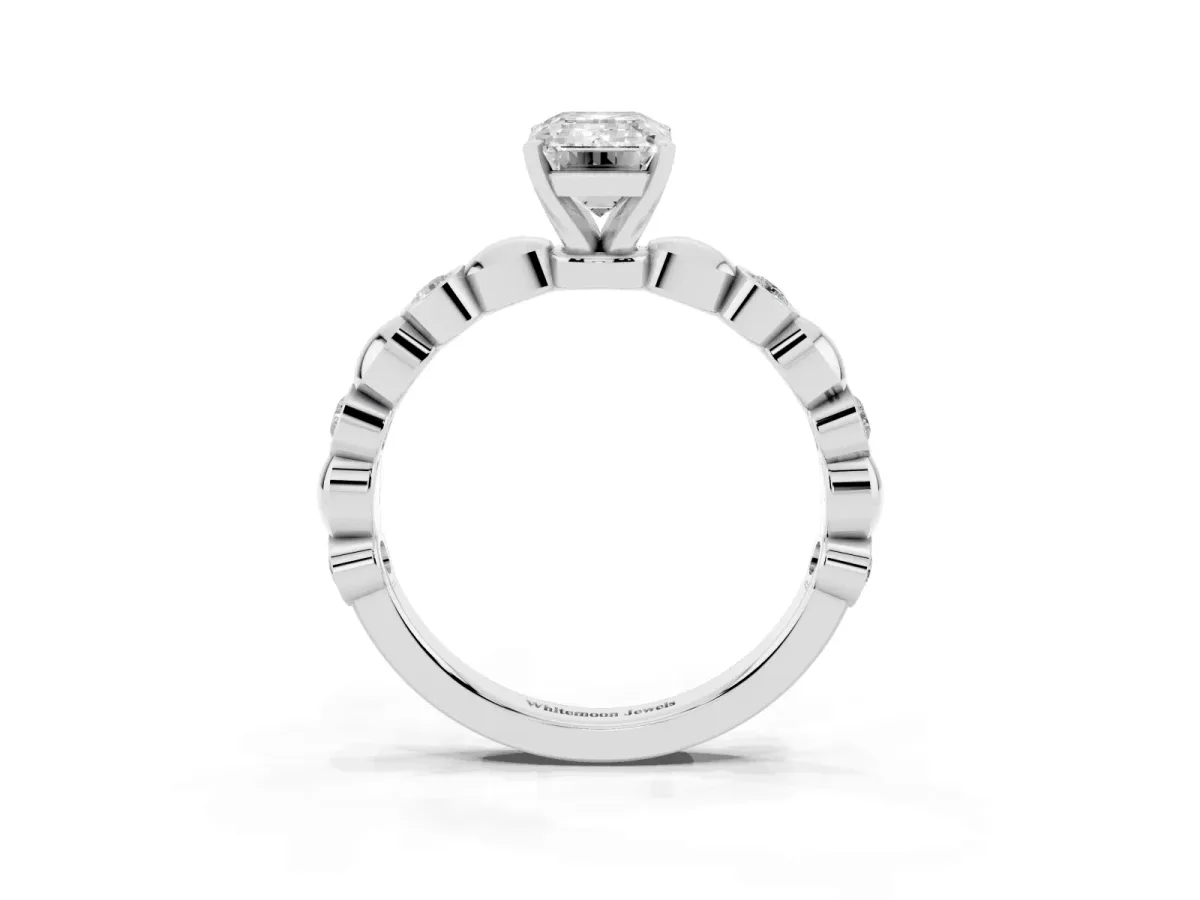 Emerald Cut Solitaire Bezel-Set Diamond Ring with Beaded Band and Four-Prong Setting Silver