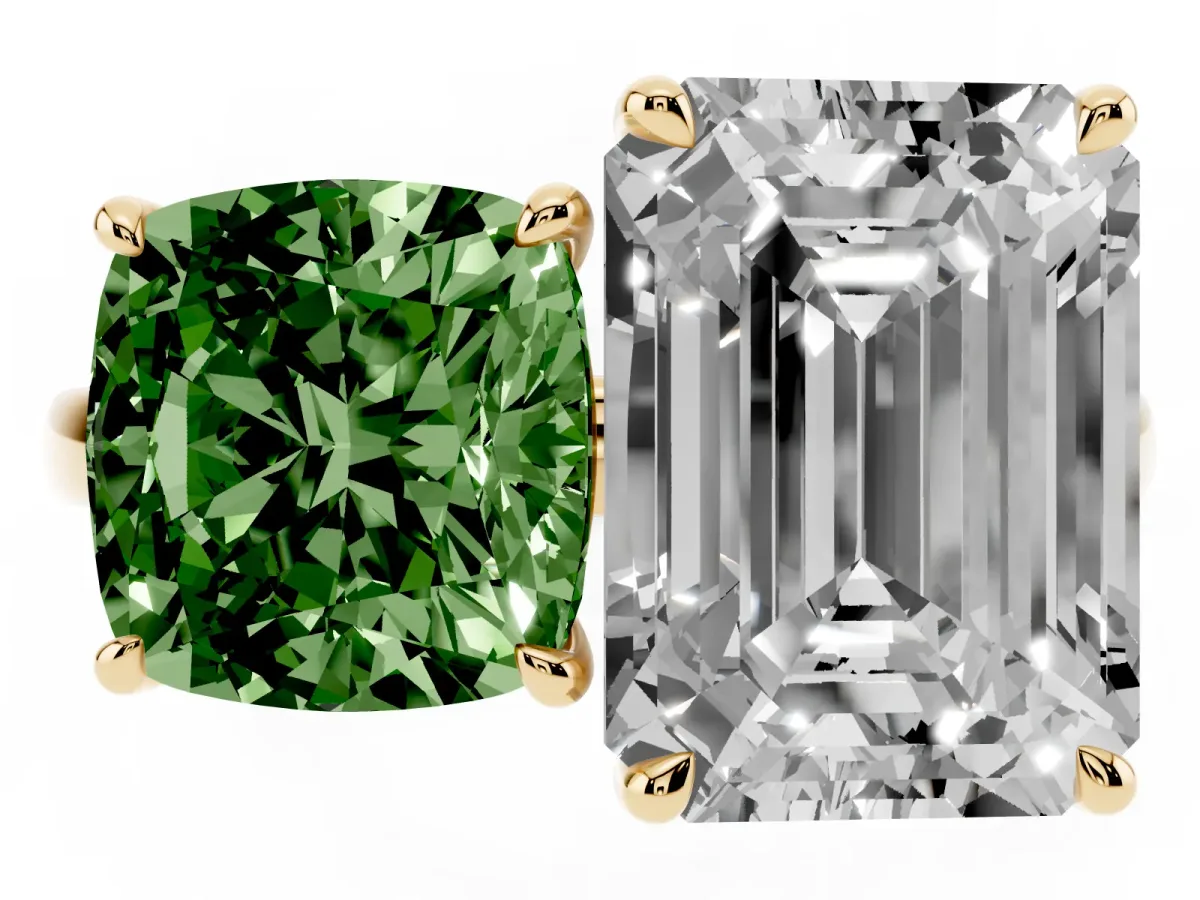 Fancy Green Cushion Cut and Emerald Cut Toi Moi Ring with Prong Setting Yellow gold