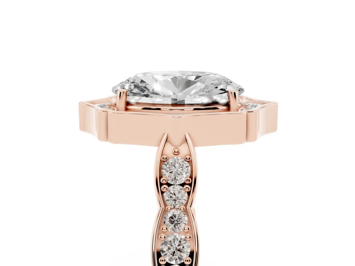 Oval Cut Halo Diamond Engagement Ring with Milgrain Band and Four-Prong Setting Rose gold