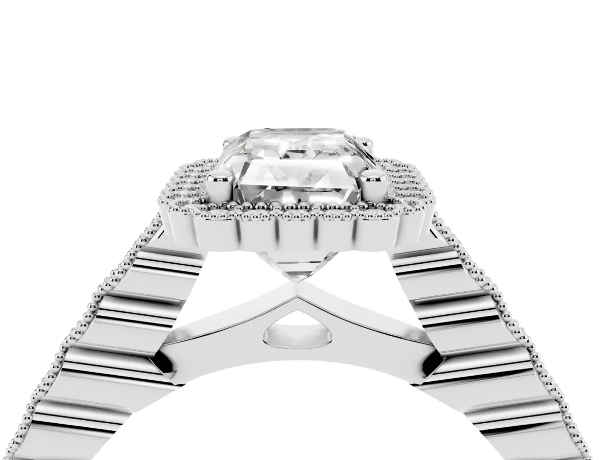 Radiant Cut Cut Halo Pavé Solitaire Ring with Milgrain Band Silver