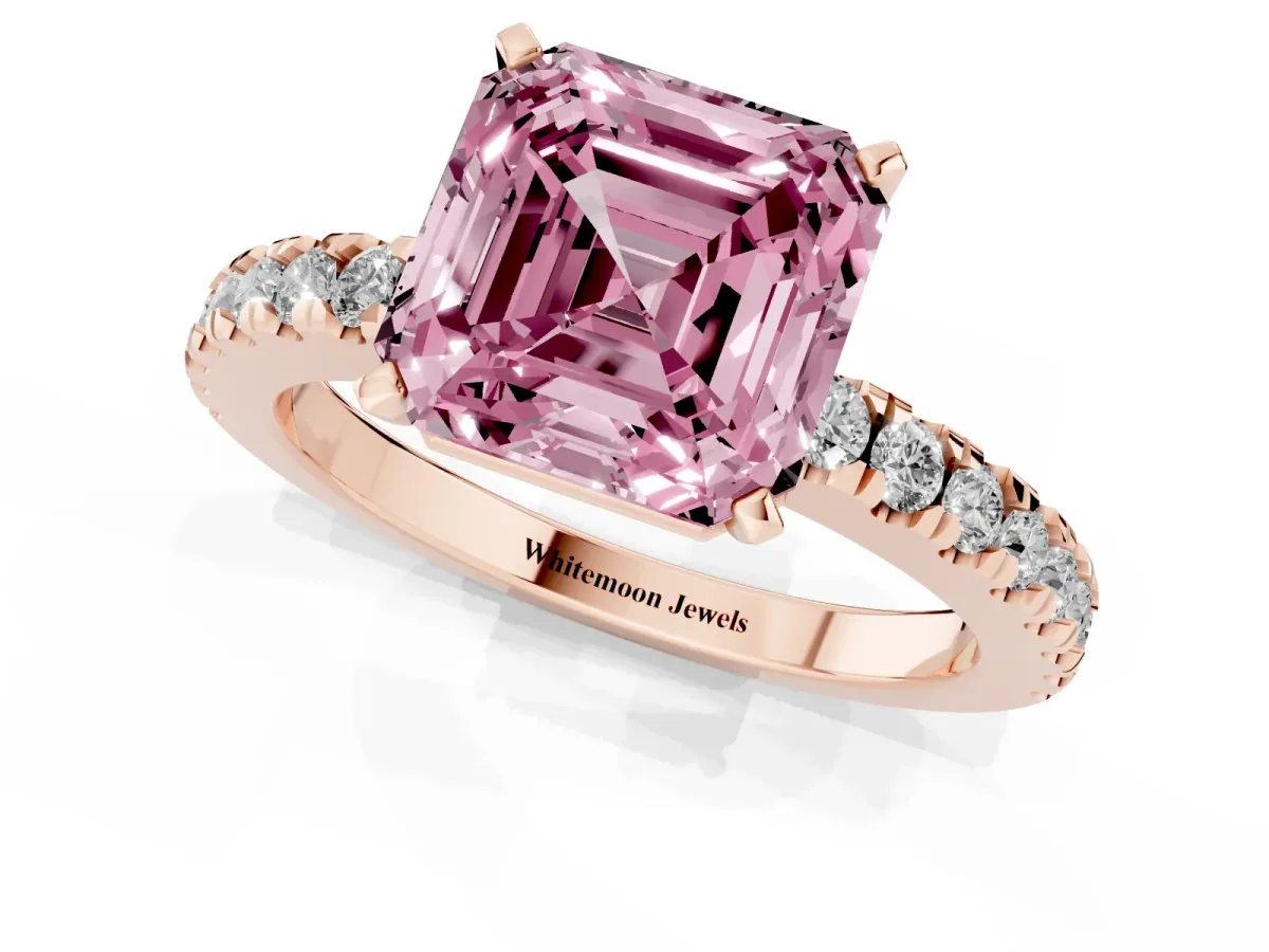 Fancy Pink Asscher Cut Solitaire Diamond with Pavé Band and Four-Prong Setting Rose gold