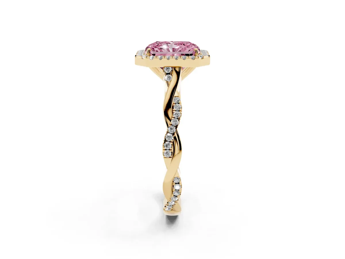 Fancy Pink Radiant Cut Halo Twist Band Solitaire Ring Yellow gold