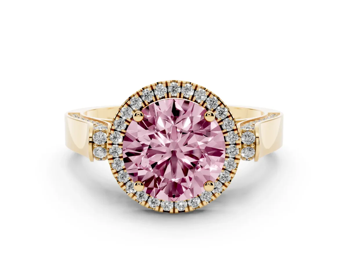 Fancy Pink Round Cut Halo Round Diamond Twist Band with Four-Prong Setting Yellow gold