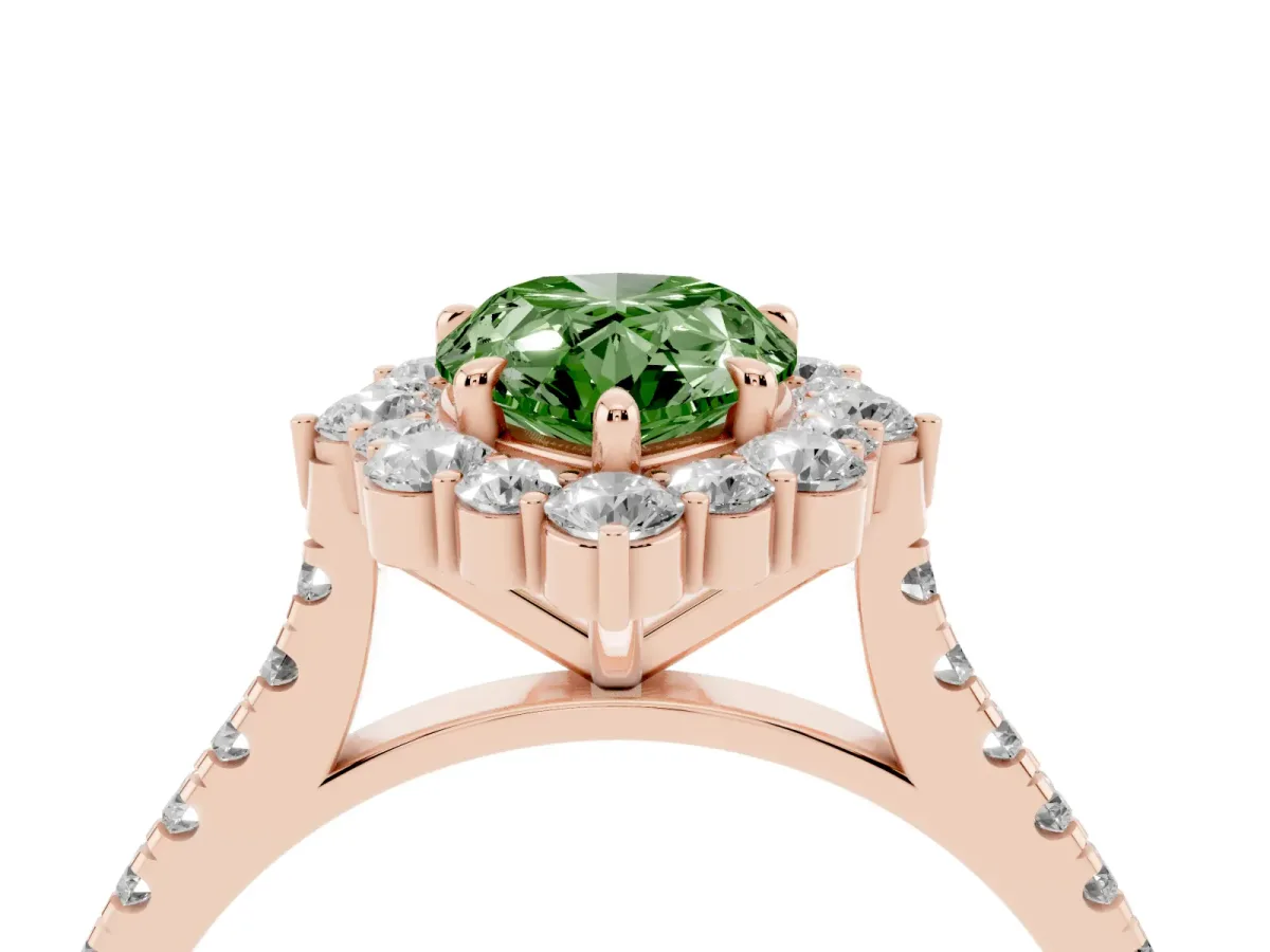 Fancy Green Pear Cut Halo Diamond Ring with Pavé Band and Prong Setting Rose gold