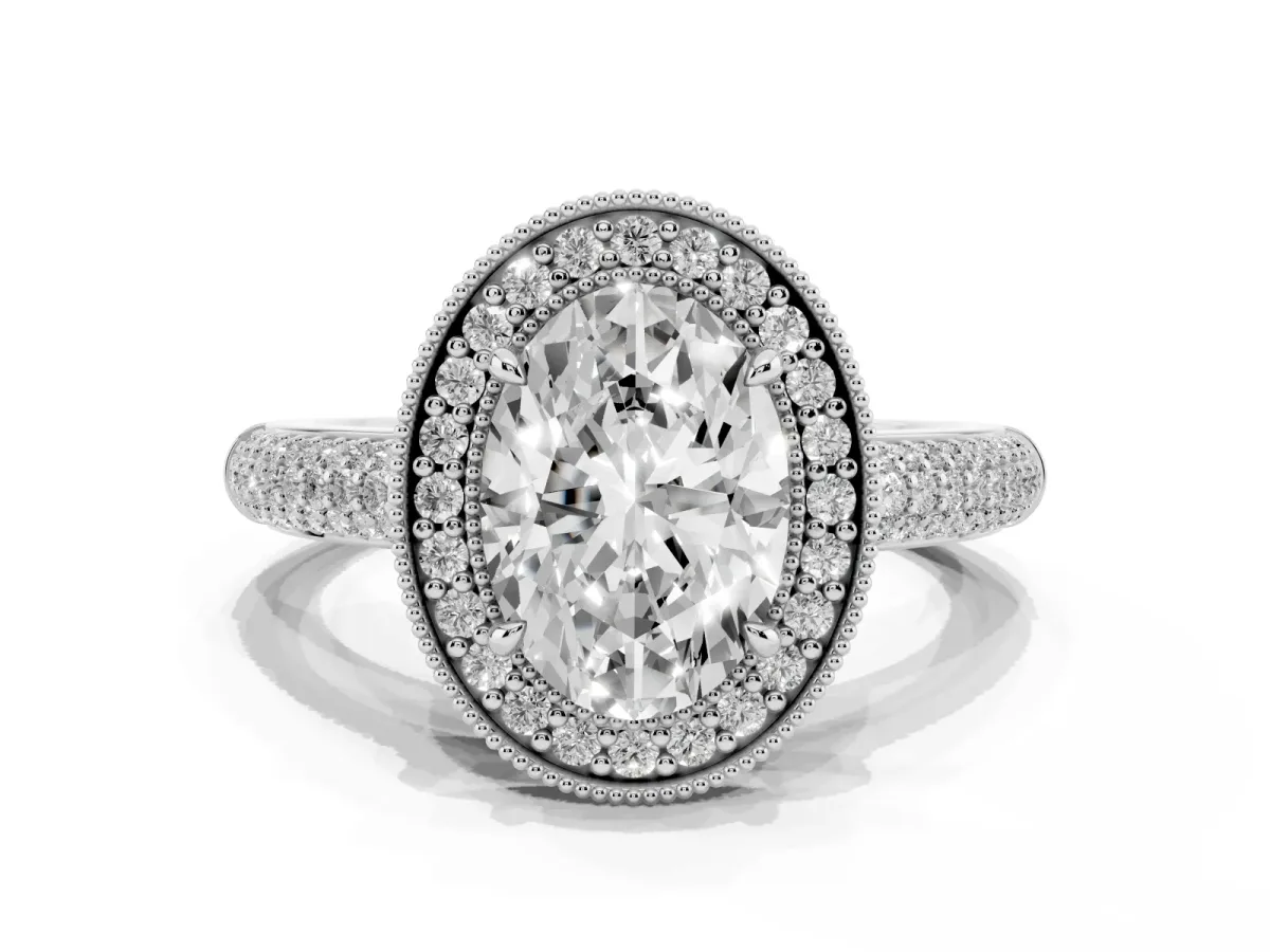 Oval Cut Cut Halo Diamond Pave Band with Four-Prong Setting Silver