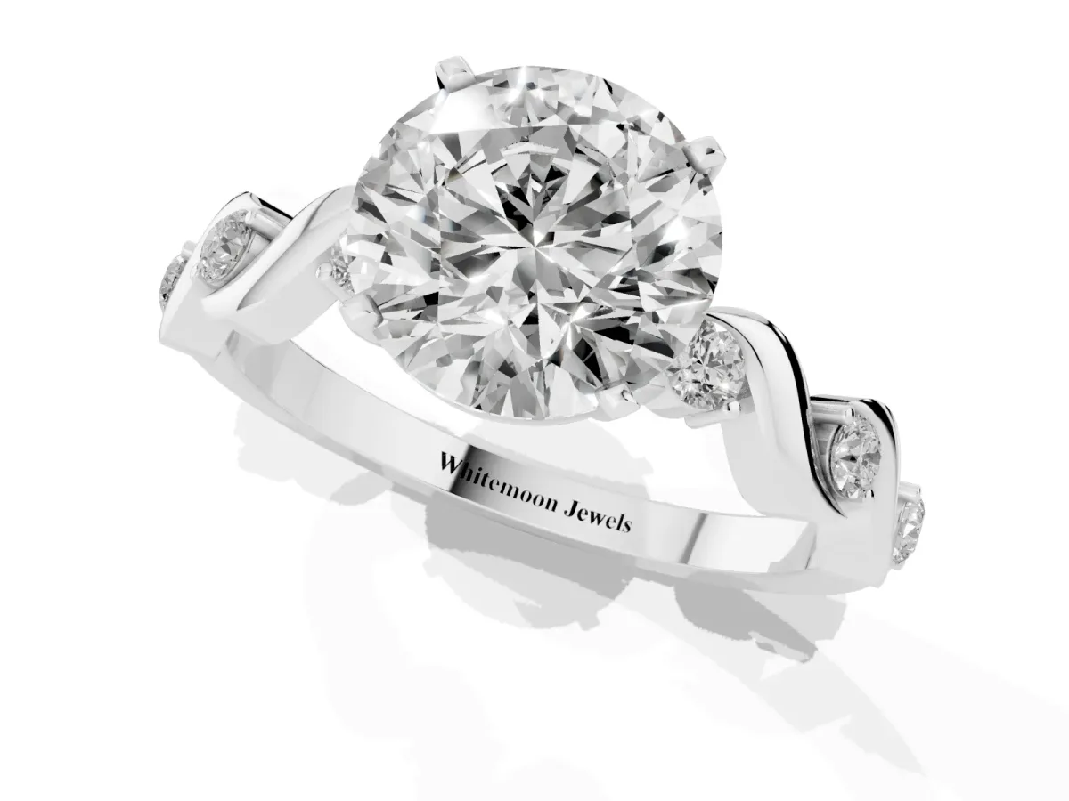 Round Cut Diamond Solitaire Twisted Band with Round Accents and Prong Setting Platinum