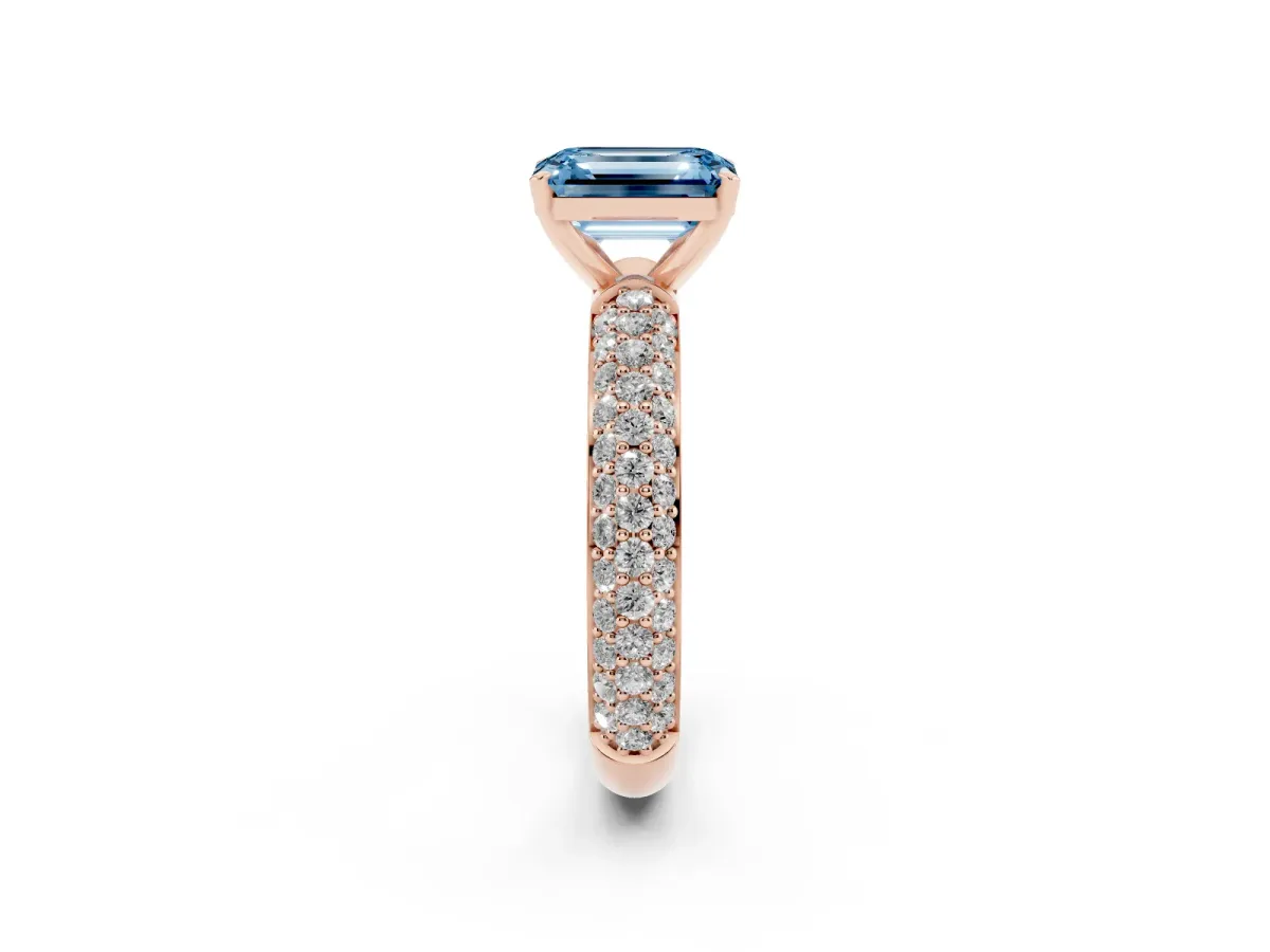 Fancy Blue Emerald Cut Diamond Solitaire Ring with Prong Setting and Pavé Band Rose gold
