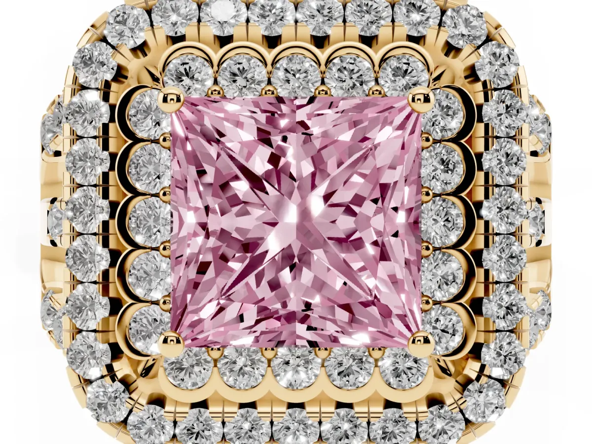 Fancy Pink Princess Cut Diamond Double Halo Ring with Round Pavé Split Shank and Prong Setting Yellow gold