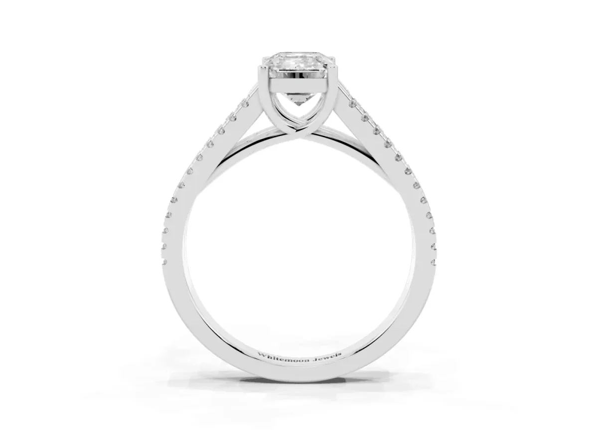 Emerald Cut Diamond Solitaire Engagement Ring with Split Shank Pavé Band Platinum