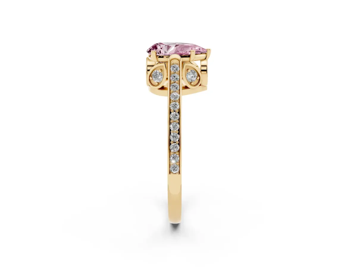 Fancy Pink Pear Cut Cut Cathedral Pave Diamond Engagement Ring with Six-Prong Setting Yellow gold
