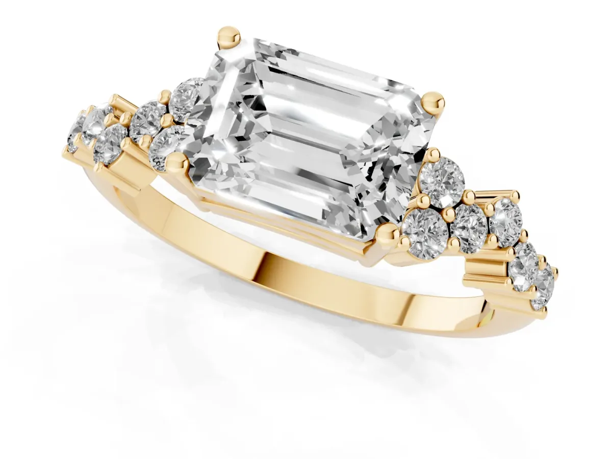 Emerald Cut Diamond Scattered Round Accent Ring with Prong Setting Yellow gold