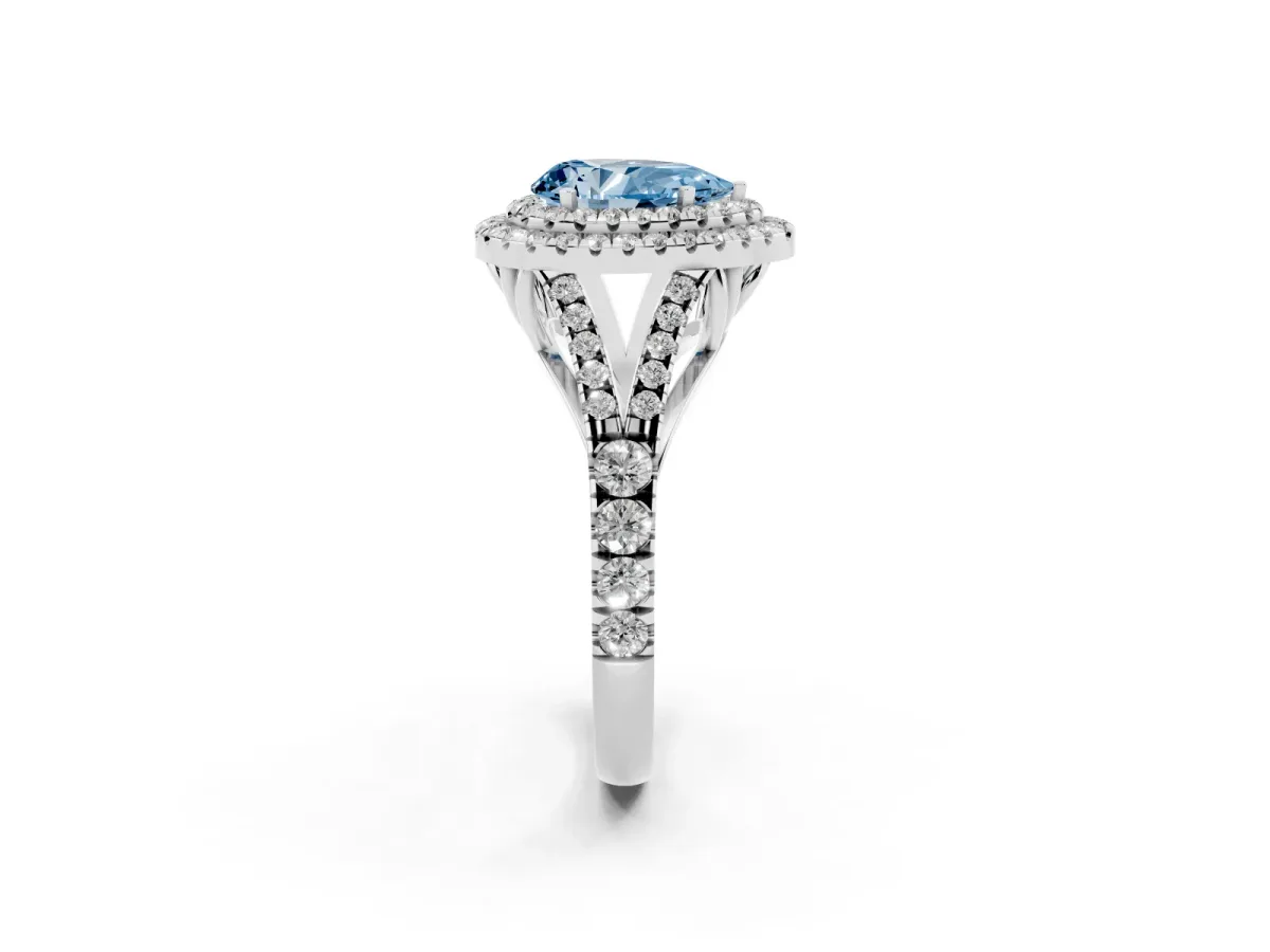 Fancy Blue Pear Cut Diamond Pavé Split Shank Double Halo Engagement Ring Platinum