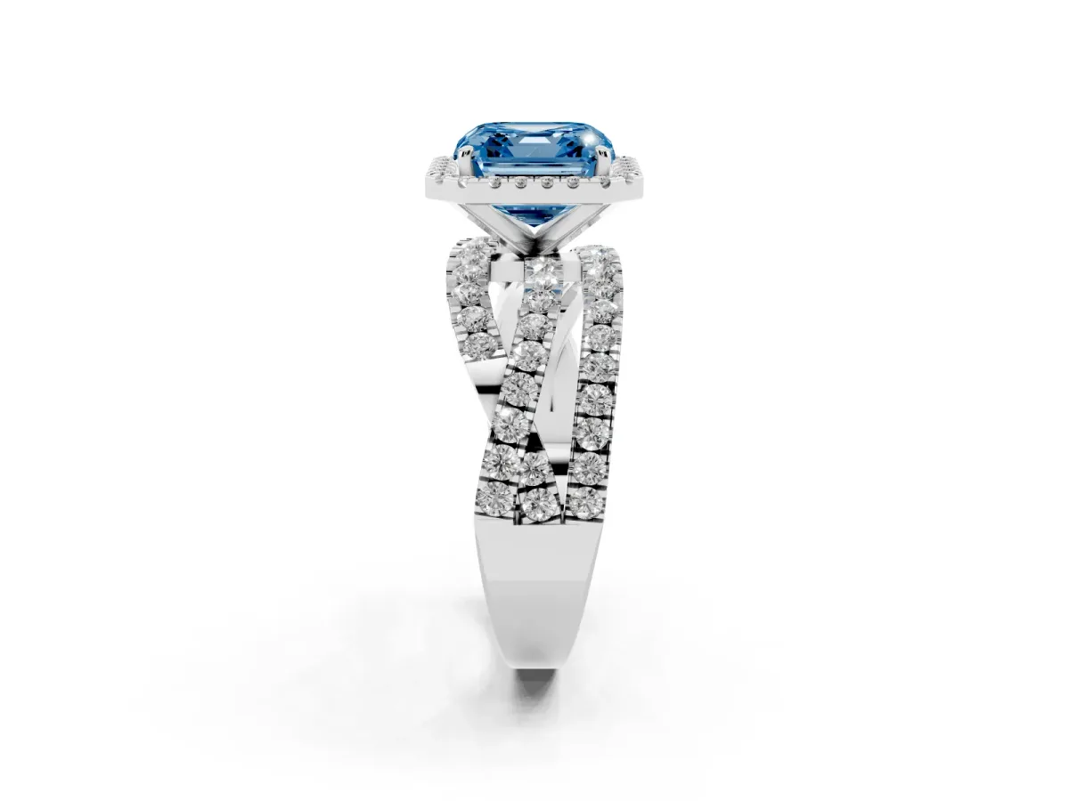 Fancy Blue Asscher Cut Diamond Halo Ring with Round Split Shank and Prong Setting Silver