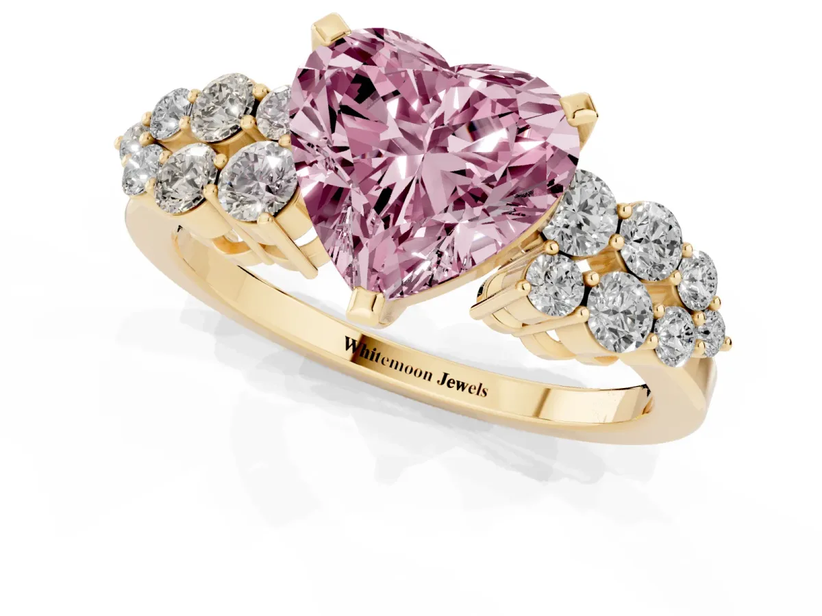 Fancy Pink Heart Cut Cluster Diamond Engagement Ring with Pavé Band and Four-Prong Setting Yellow gold