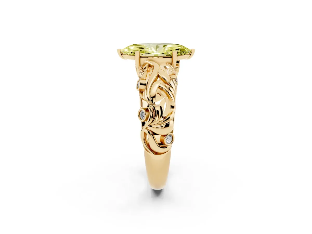 Fancy Yellow Marquise Cut Solitaire Diamond Leaf-Inspired Vine Band Ring with Prong Setting Yellow gold