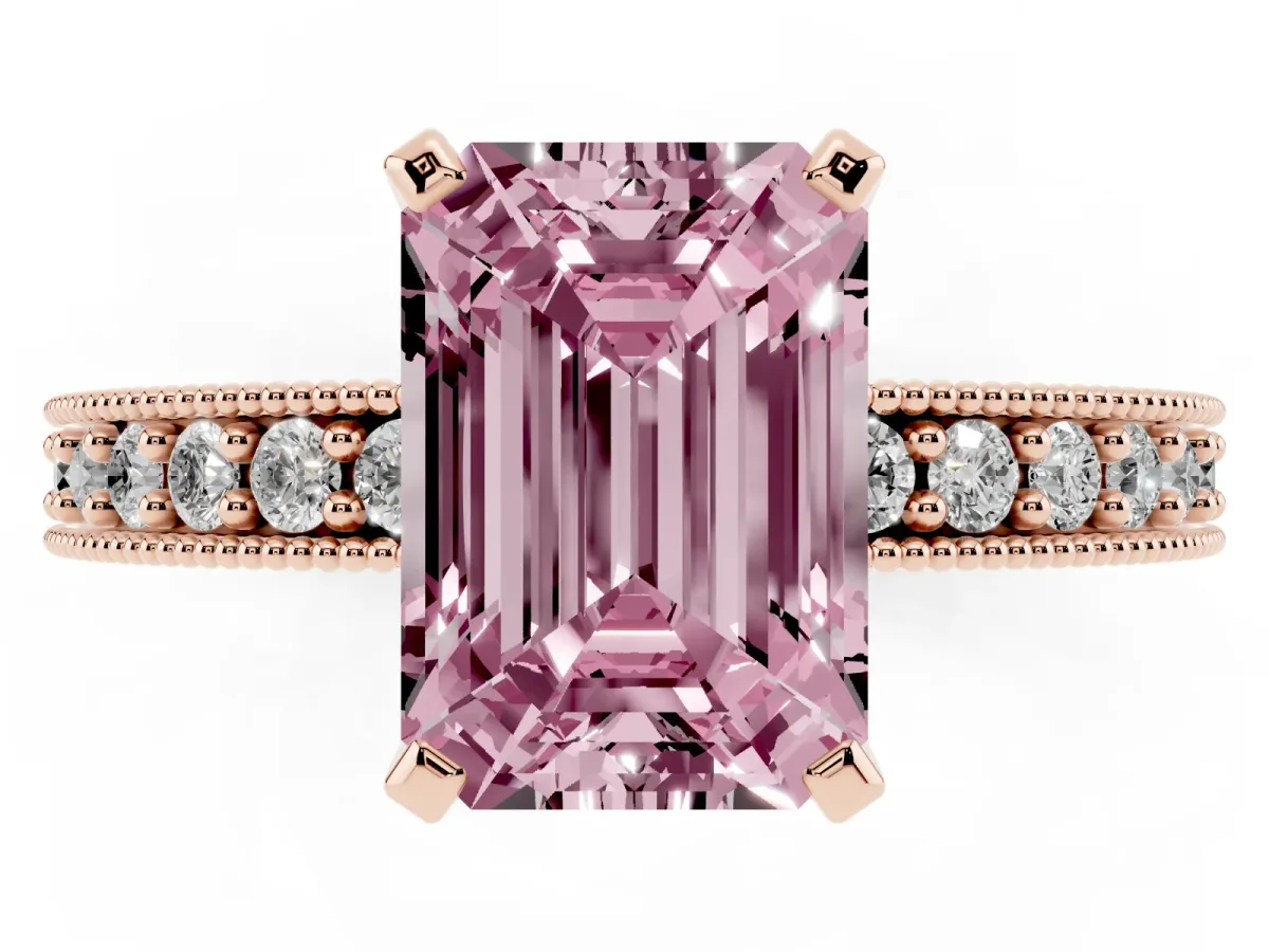 Fancy Pink Emerald Cut Diamond Milgrain Pavé Engagement Ring with Four-Prong Setting Rose gold