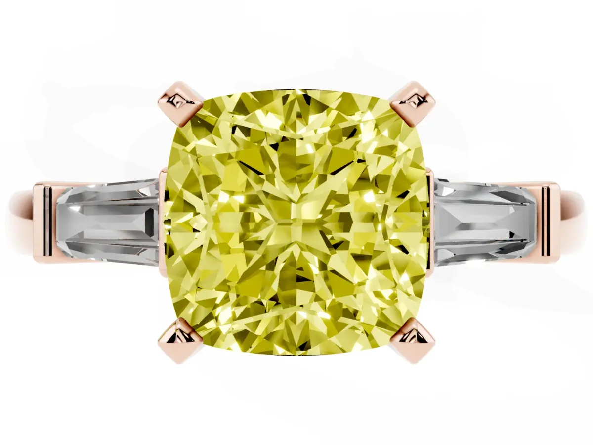 Fancy Yellow Cushion Cut Cut Diamond Solitaire Ring with Tapered Baguette Accents and Four-Prong Setting Rose gold