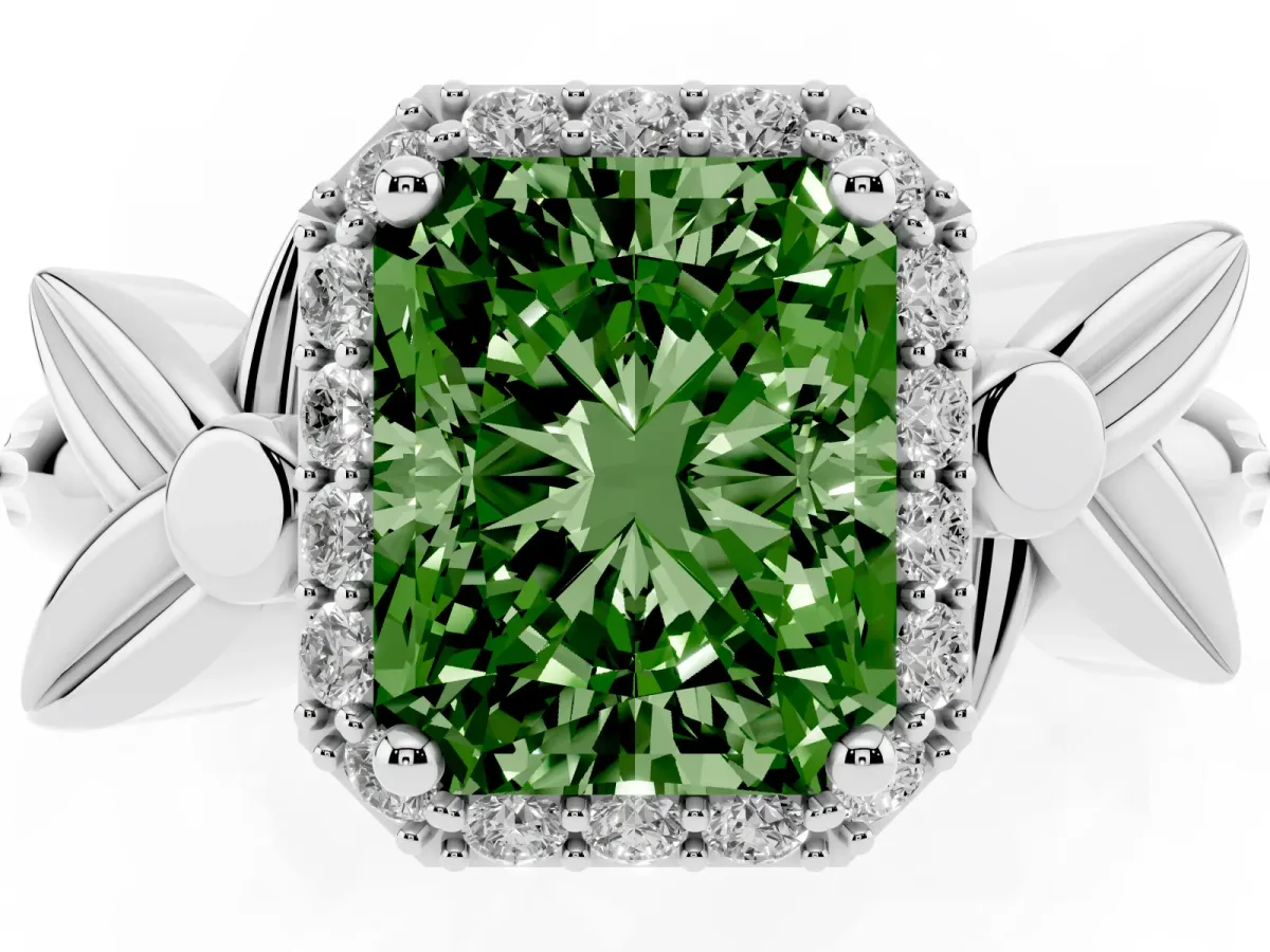 Fancy Green Radiant Cut Halo Diamond Floral Band with Four-Prong Setting Silver