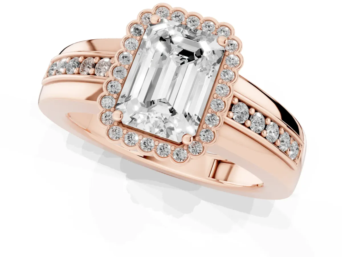 Emerald Cut Cut Halo Pave Band Four-Prong Ring Rose gold