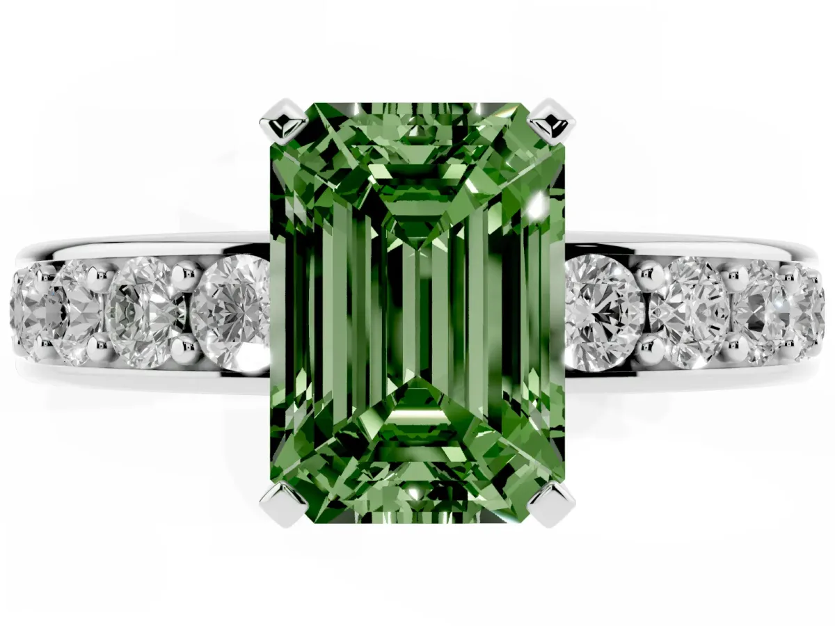 Fancy Green Emerald Cut Diamond Engagement Ring with Channel Set Round Band and Prong Setting Platinum
