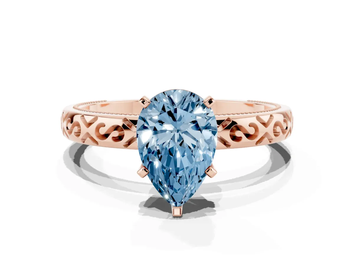 Fancy Blue Pear Cut Solitaire Engagement Ring with Scrollwork Band and Four-Prong Setting Rose gold