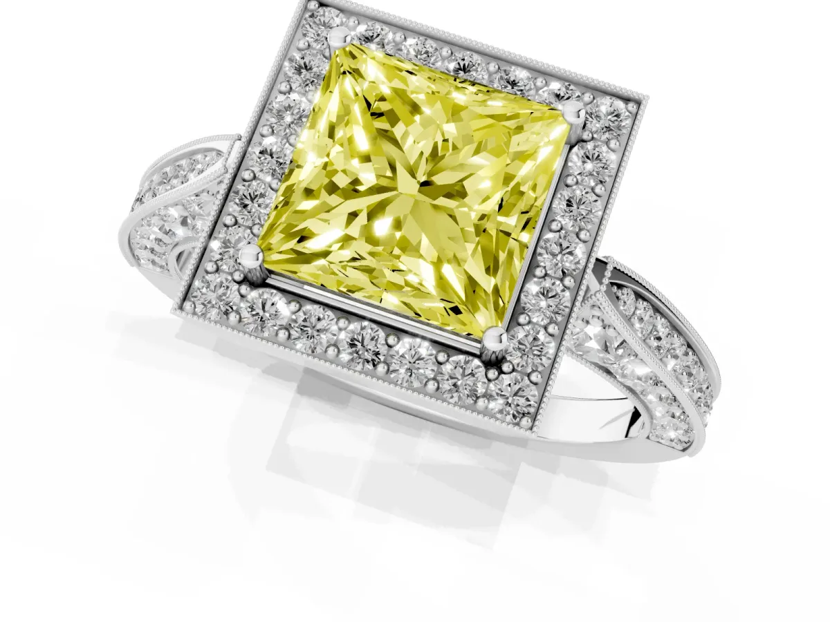Fancy Yellow Princess Cut Halo Diamond Engagement Ring with Split Shank Band and Four-Prong Setting Silver