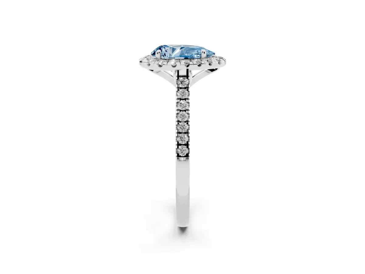 Fancy Blue Pear Cut Diamond Cushion Halo Ring with Pavé Band Silver