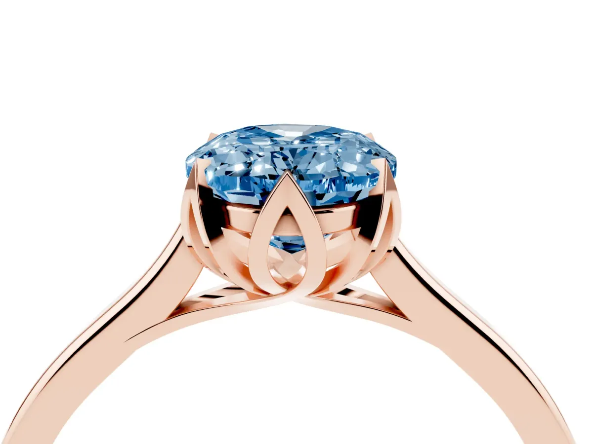 Fancy Blue Oval Cut Diamond Solitaire Ring with Flower Prong Setting and Classic Band Rose gold
