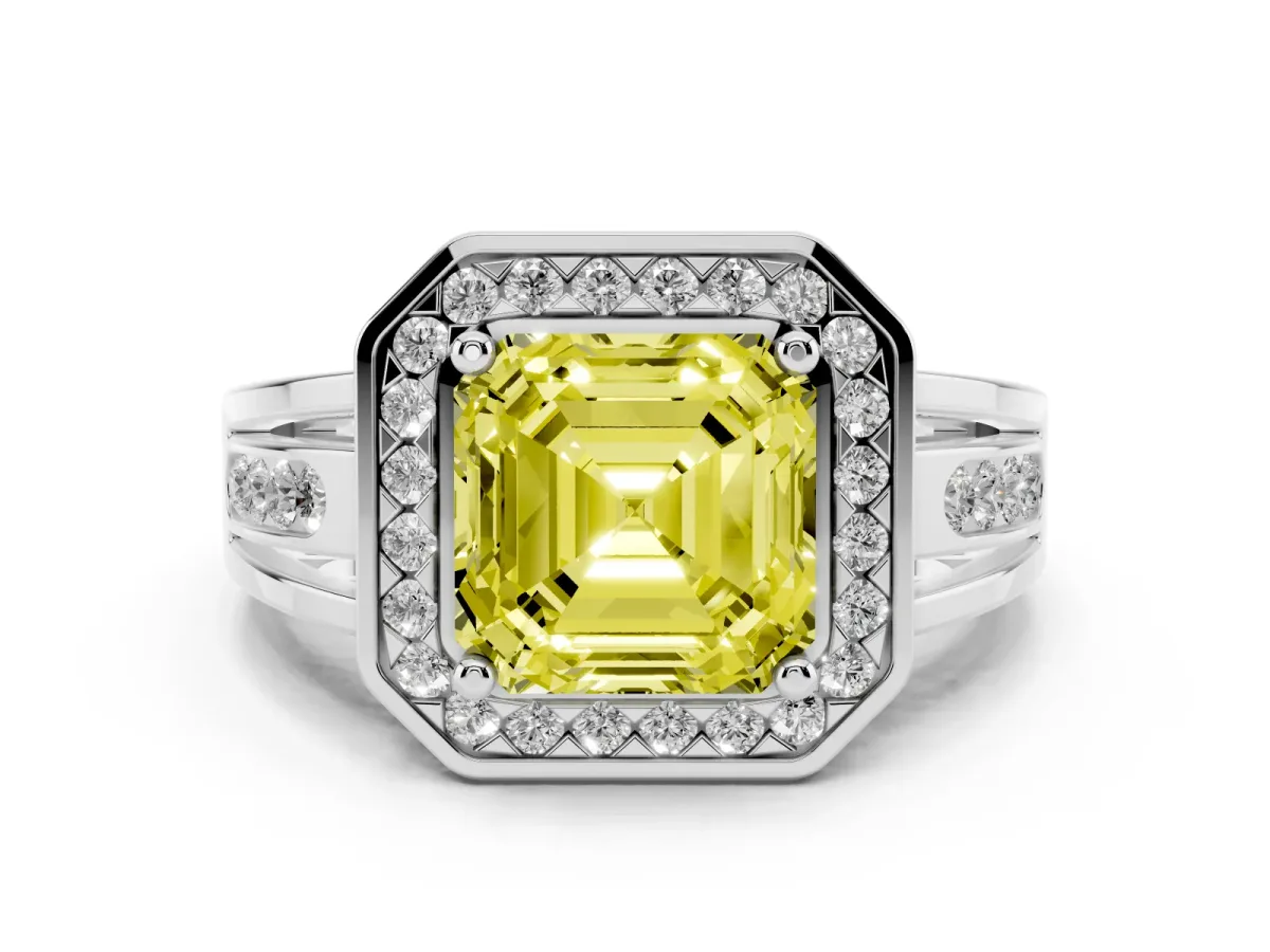 Fancy Yellow Asscher Cut Diamond Halo Ring with Split Shank and Bezel Accents and Prong Setting Silver