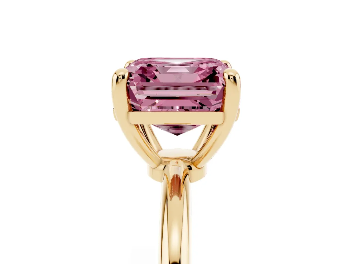 Fancy Pink Asscher Cut Solitaire Diamond Ring with 4-Prong Setting on a Classic Band Yellow gold