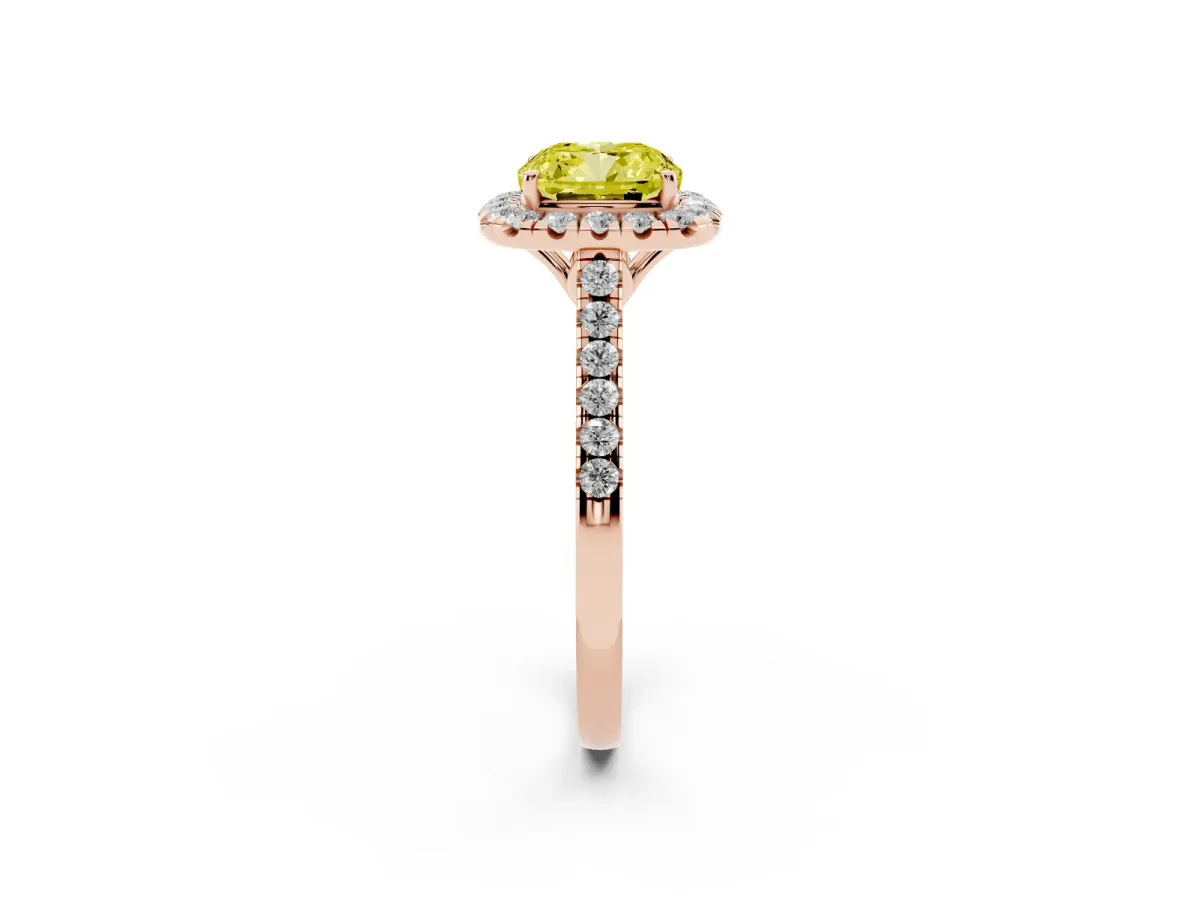 Fancy Yellow Cushion Cut Halo Pavé Diamond Engagement Ring with Four-Prong Setting Rose gold