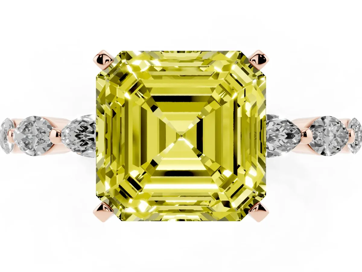 Fancy Yellow Asscher Cut Diamond Ring with Marquise Side Stones and Prong Setting Rose gold