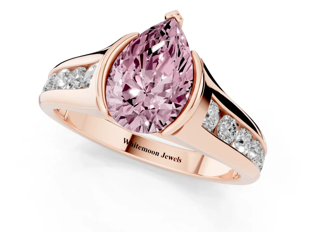 Fancy Pink Pear Cut Solitaire Bezel-Set Diamond Ring with Channel-Set Band Rose gold