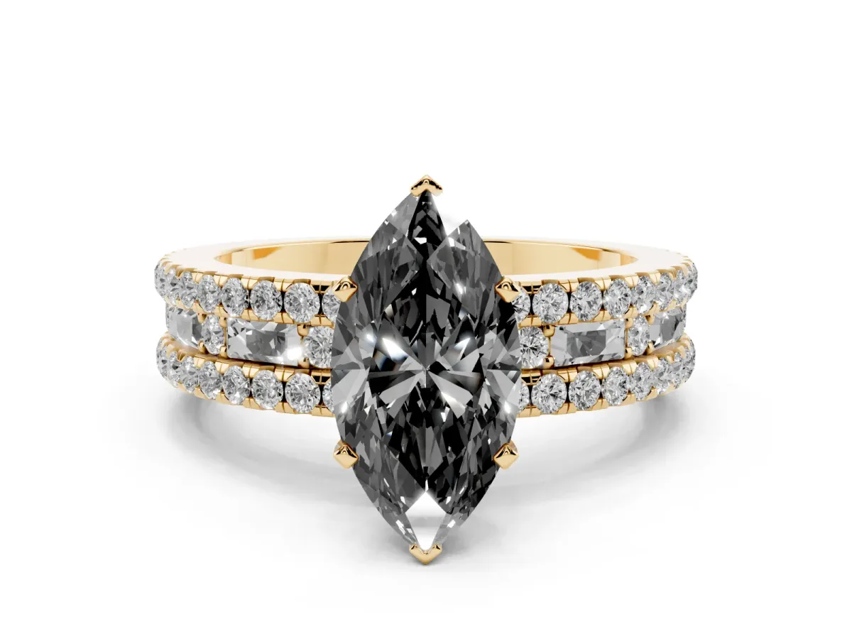 Fancy Black Marquise Cut Diamond Solitaire Ring with Pavé and Channel Set Band Yellow gold